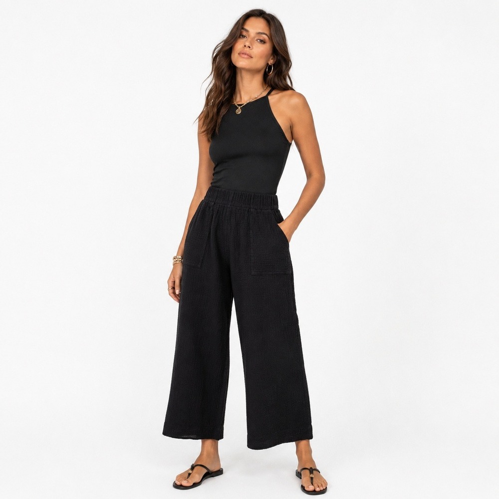 Hackwith Design House Black Cotton Gauze Wide Leg Pants Elastic Waist Large
